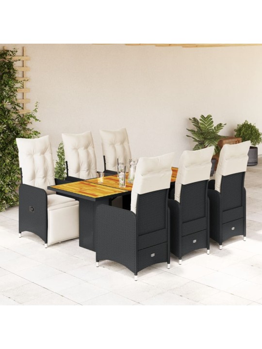 7dílný zahradní bistro set s poduškami černý polyratan