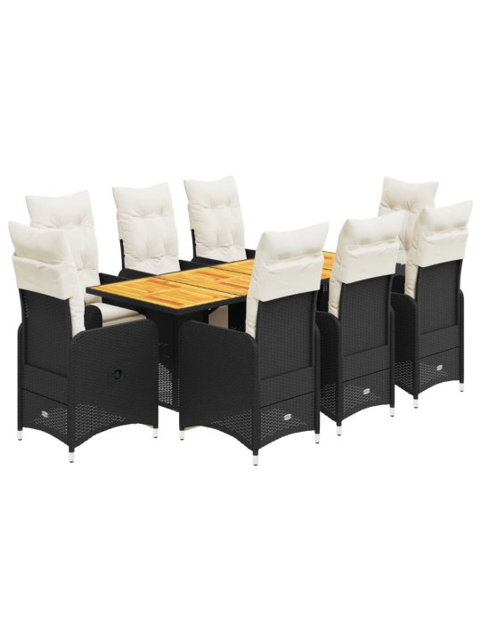 9dílný zahradní bistro set s poduškami černý polyratan