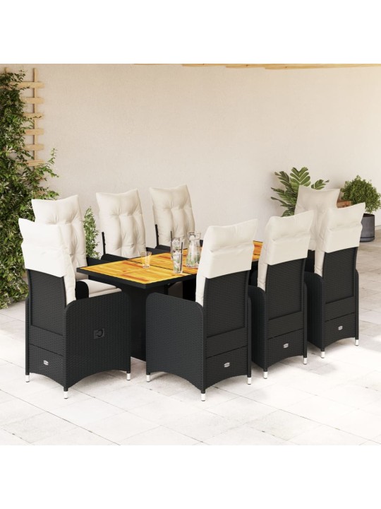 9dílný zahradní bistro set s poduškami černý polyratan