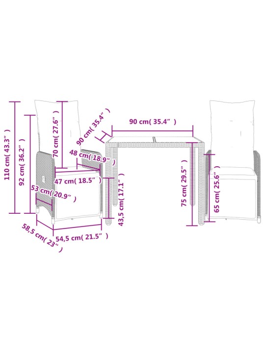 3dílný zahradní bistro set s poduškami černý polyratan