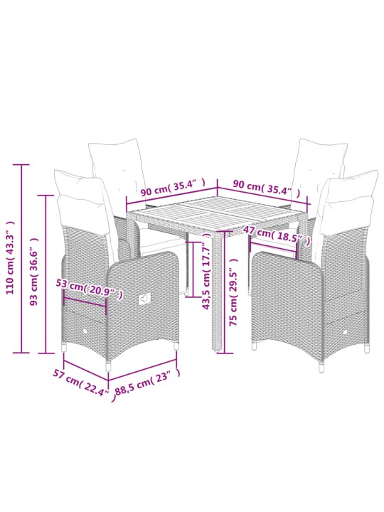 5dílný zahradní bistro set s poduškami černý polyratan