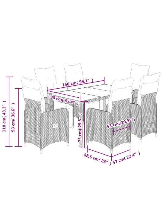 7dílný zahradní bistro set s poduškami černý polyratan