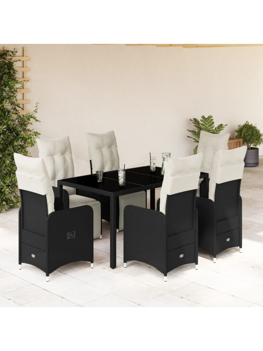 7dílný zahradní bistro set s poduškami černý polyratan