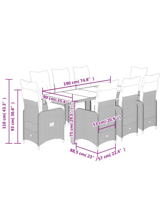 9dílný zahradní bistro set s poduškami černý polyratan