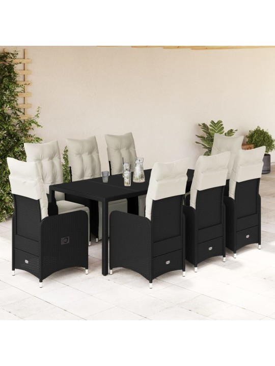 9dílný zahradní bistro set s poduškami černý polyratan