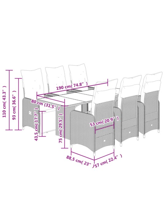 7dílný zahradní bistro set s poduškami černý polyratan