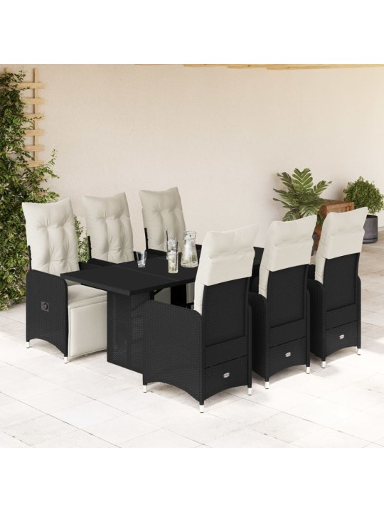 7dílný zahradní bistro set s poduškami černý polyratan