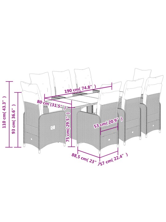 9dílný zahradní bistro set s poduškami černý polyratan