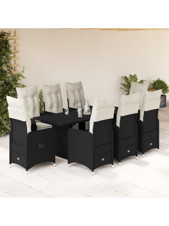 9dílný zahradní bistro set s poduškami černý polyratan