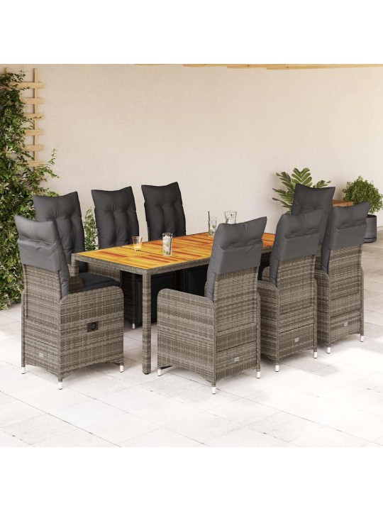 9dílný zahradní bistro set s poduškami šedý polyratan