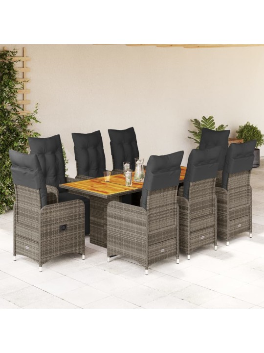 9dílný zahradní bistro set s poduškami šedý polyratan