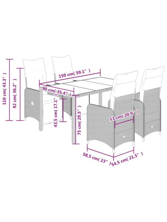 5dílný zahradní bistro set s poduškami šedý polyratan