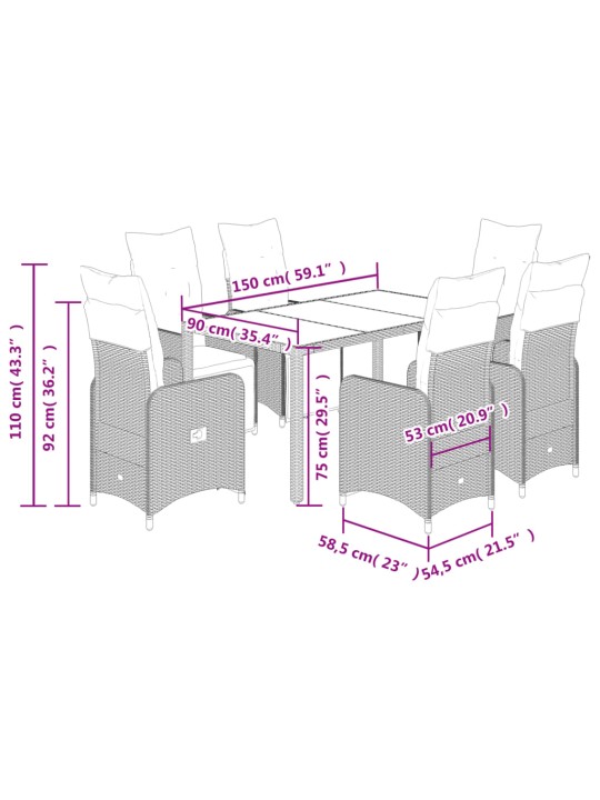 7dílný zahradní bistro set s poduškami šedý polyratan