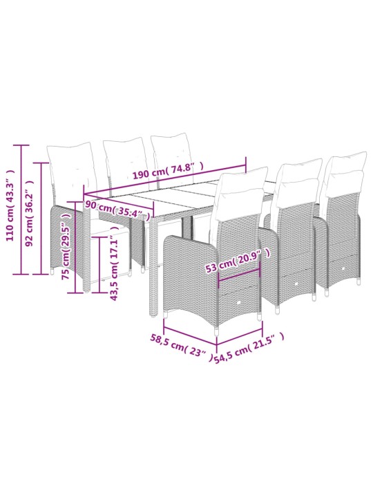 7dílný zahradní bistro set s poduškami šedý polyratan