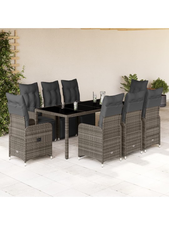 9dílný zahradní bistro set s poduškami šedý polyratan