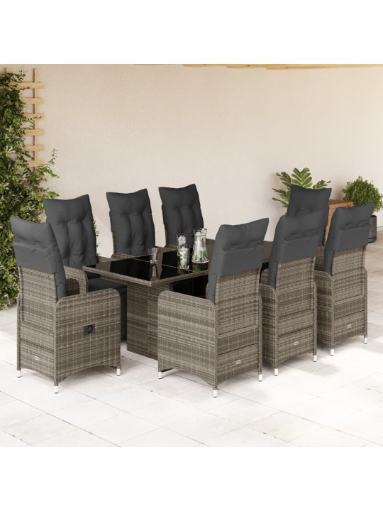 9dílný zahradní bistro set s poduškami šedý polyratan