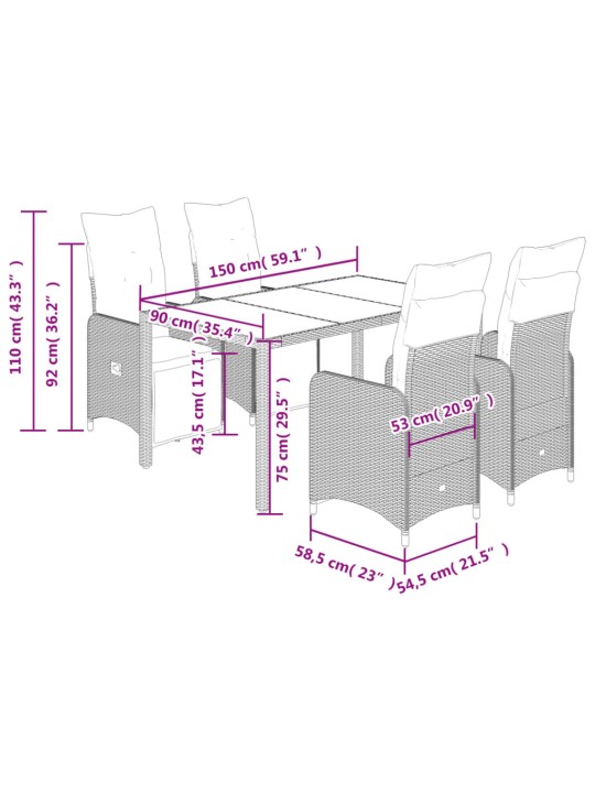 5dílný zahradní bistro set s poduškami hnědý polyratan