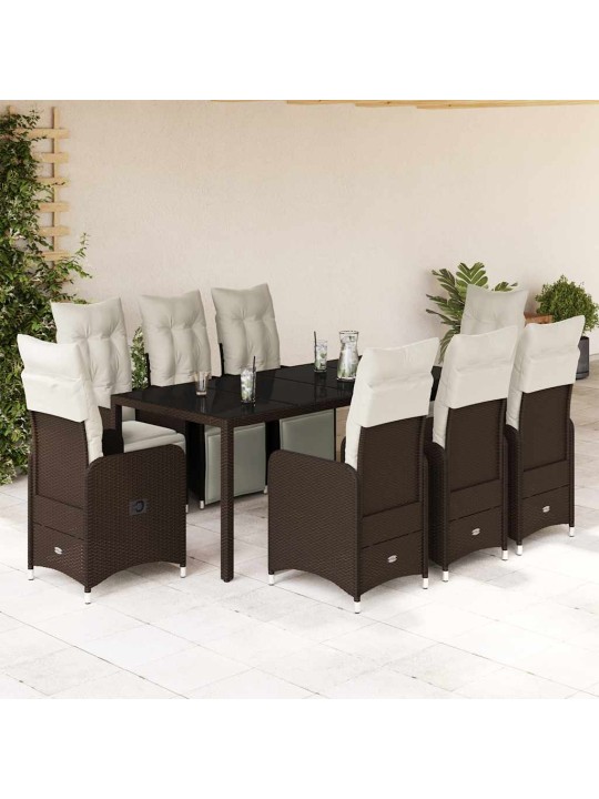 9dílný zahradní bistro set s poduškami hnědý polyratan