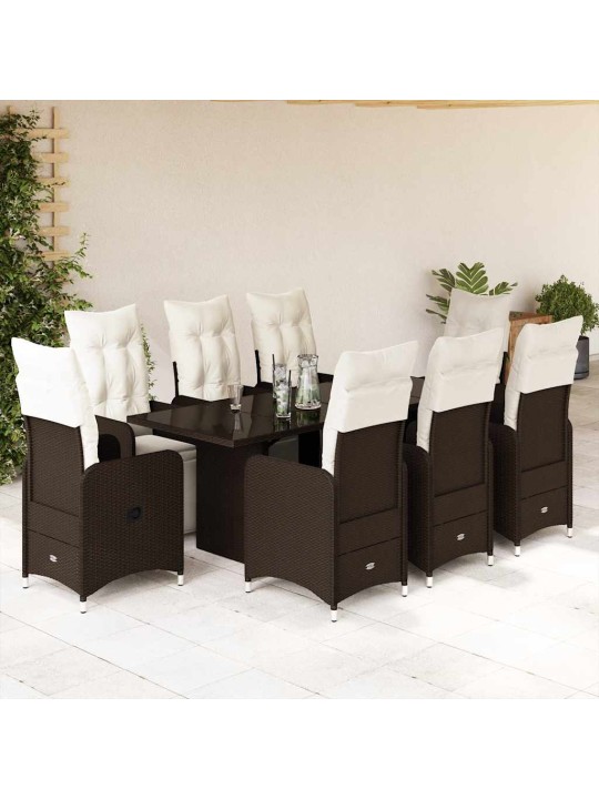 9dílný zahradní bistro set s poduškami hnědý polyratan