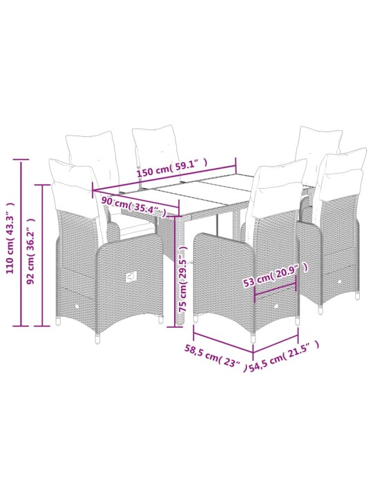 7dílný zahradní bistro set s poduškami hnědý polyratan