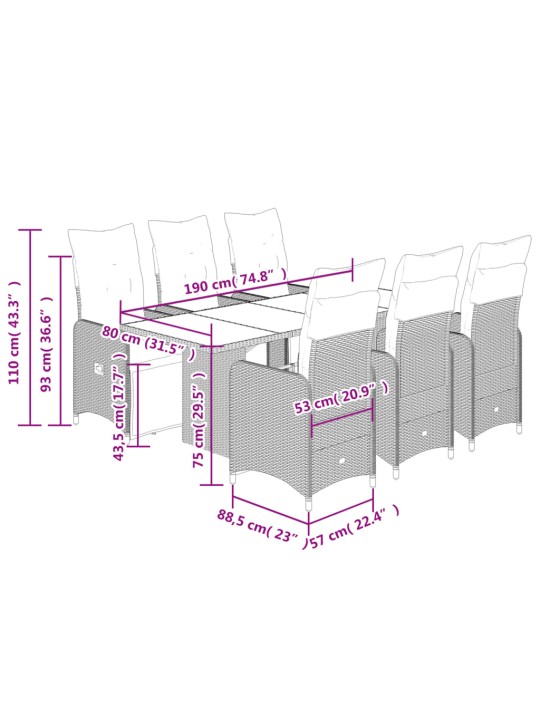 7dílný zahradní bistro set s poduškami hnědý polyratan