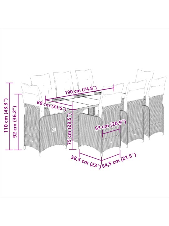 9dílný zahradní bistro set s poduškami hnědý polyratan