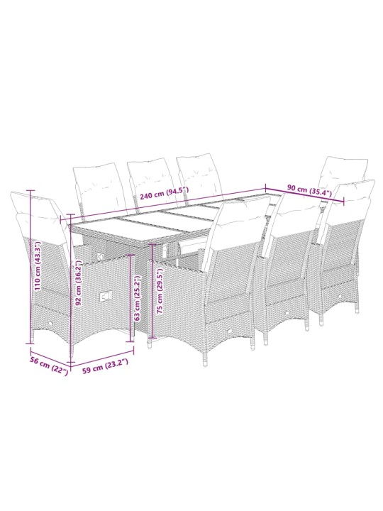 9dílný zahradní bistro set s poduškami šedý polyratan