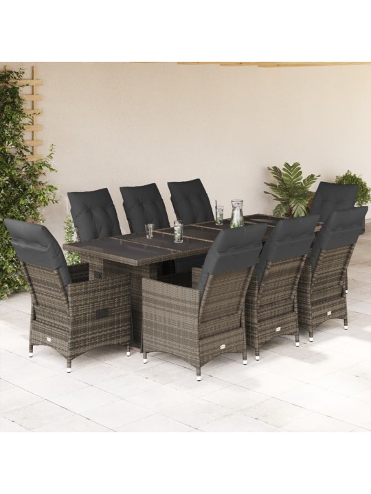 9dílný zahradní bistro set s poduškami šedý polyratan
