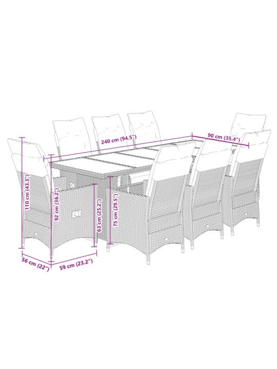 9dílný zahradní bistro set s poduškami hnědý polyratan