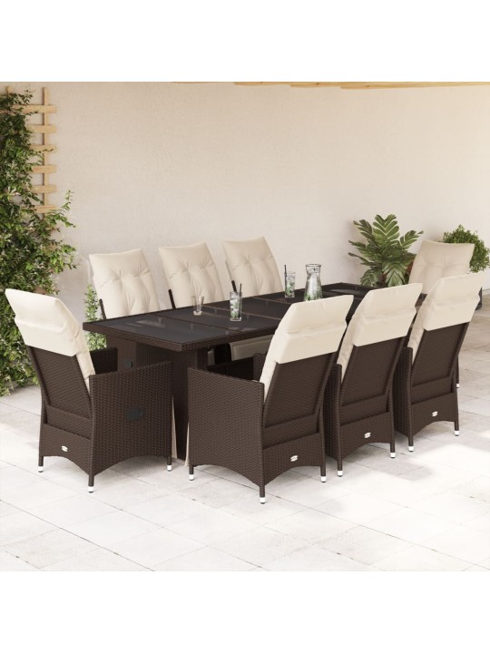 9dílný zahradní bistro set s poduškami hnědý polyratan