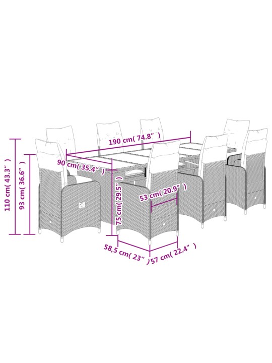 9dílný zahradní bistro set s poduškami šedý polyratan