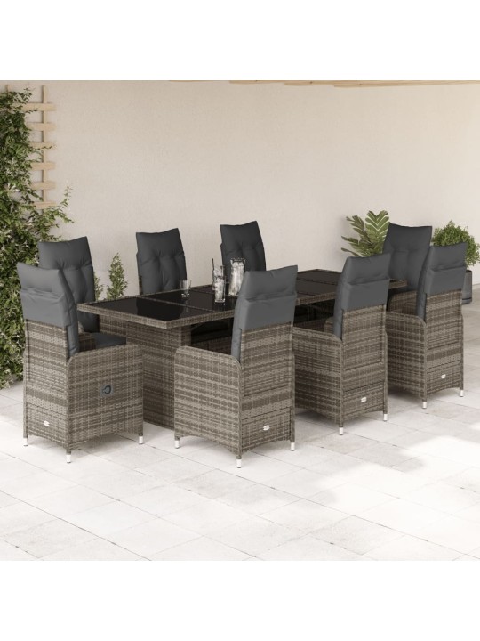 9dílný zahradní bistro set s poduškami šedý polyratan