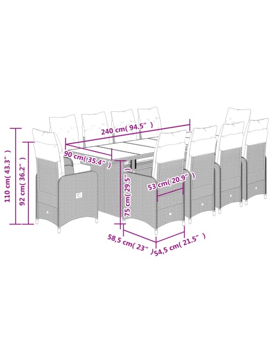 11dílný zahradní bistro set s poduškami šedý polyratan