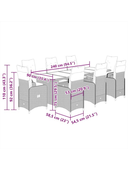 9dílný zahradní bistro set s poduškami hnědý polyratan