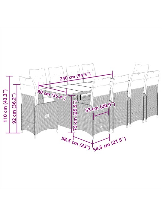 11dílný zahradní bistro set s poduškami hnědý polyratan