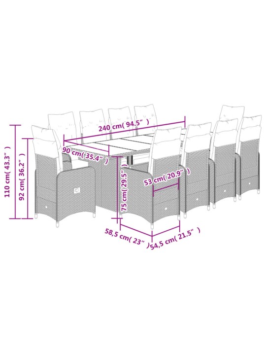 11dílný zahradní bistro set s poduškami šedý polyratan