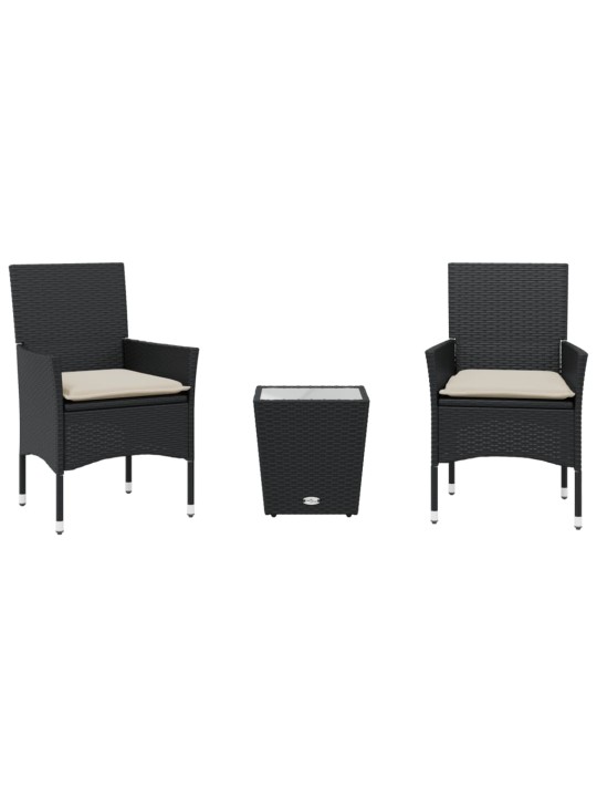 3dílný bistro set s poduškami černý polyratan a sklo