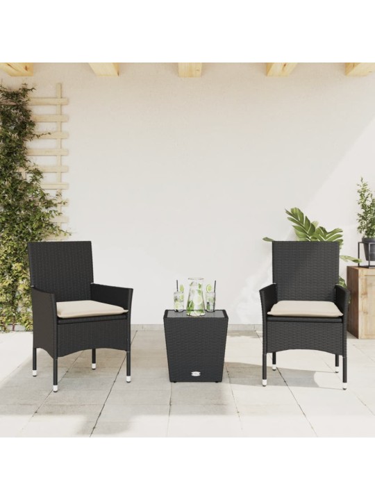 3dílný bistro set s poduškami černý polyratan a sklo
