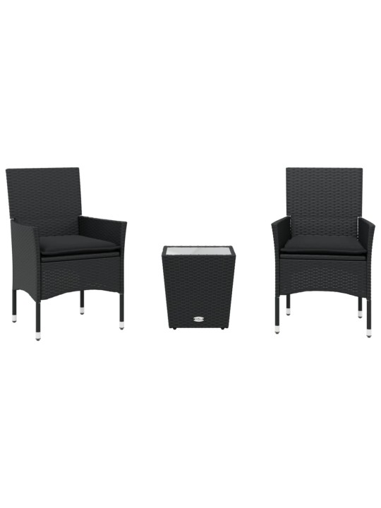 3dílný bistro set s poduškami černý polyratan a sklo