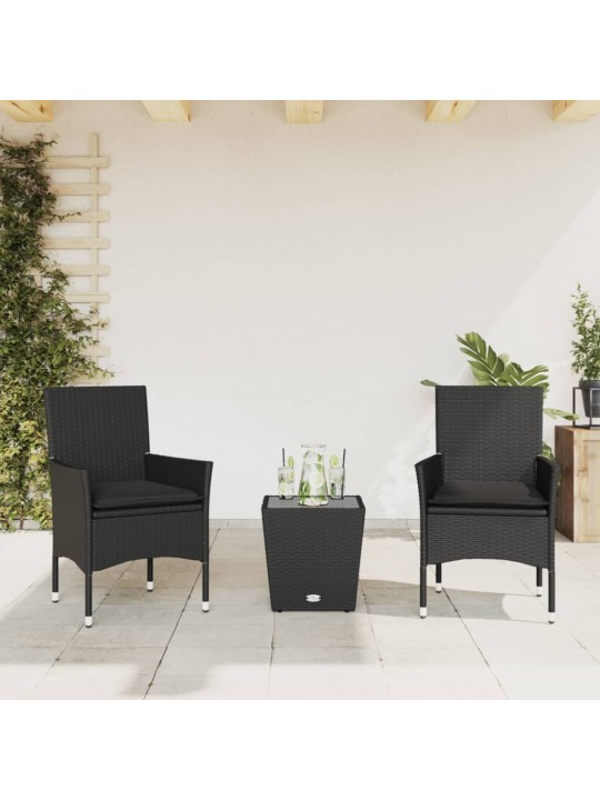 3dílný bistro set s poduškami černý polyratan a sklo