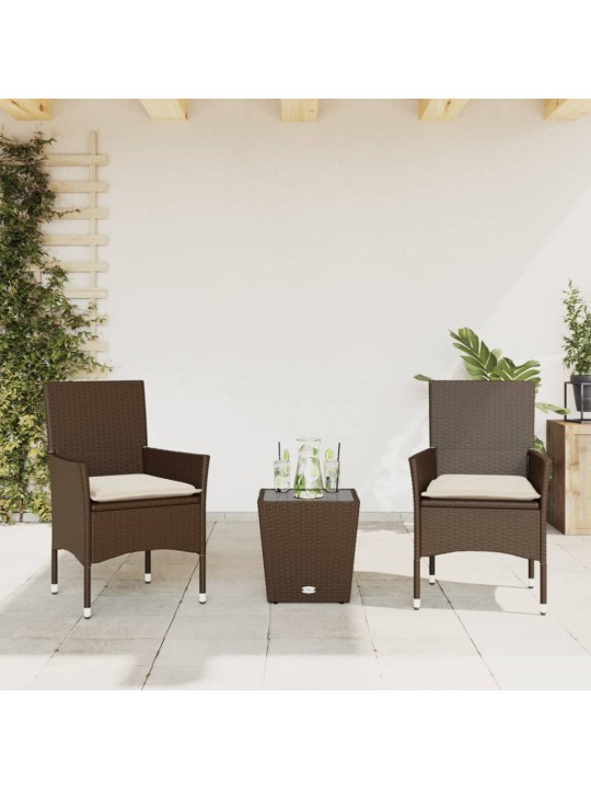 3dílný bistro set s poduškami hnědý polyratan a sklo