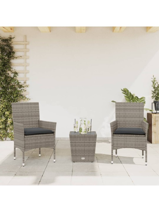 3dílný bistro set s poduškami šedý polyratan a sklo