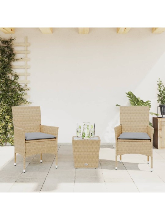 3dílný bistro set s poduškami béžový polyratan a sklo