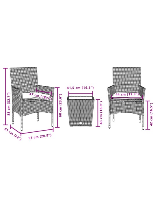 3dílný bistro set s poduškami béžový polyratan a sklo