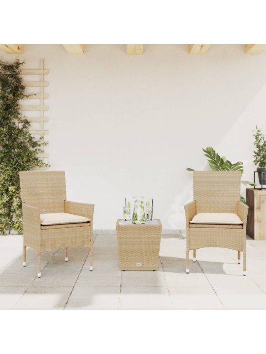 3dílný bistro set s poduškami béžový polyratan a sklo