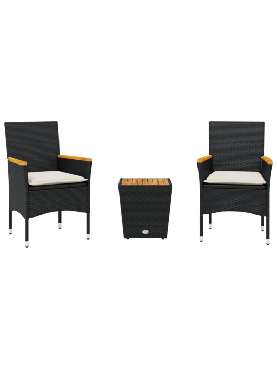 3dílný bistro set s poduškami černý polyratan a sklo
