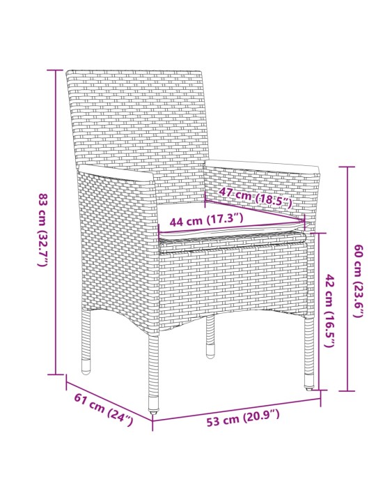 3dílný bistro set s poduškami černý polyratan a sklo