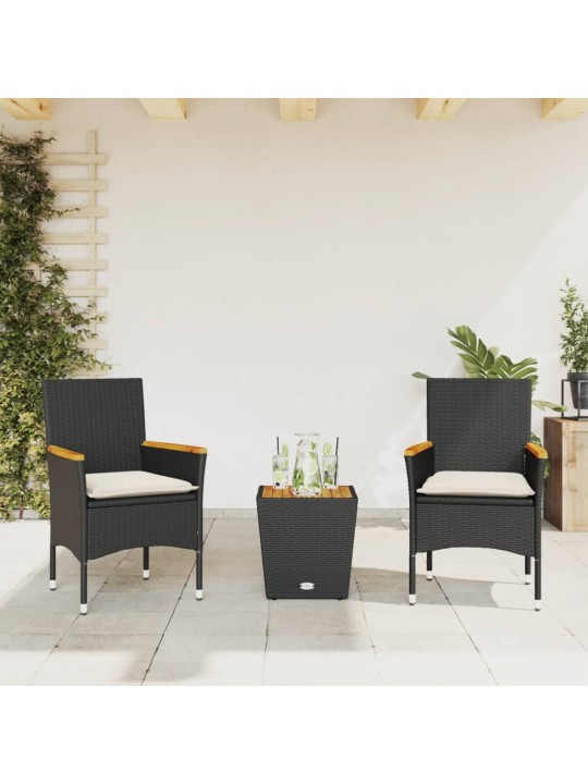 3dílný bistro set s poduškami černý polyratan a sklo
