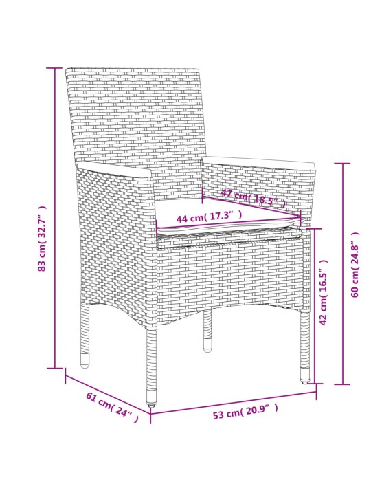 3dílný bistro set s poduškami šedý polyratan a sklo