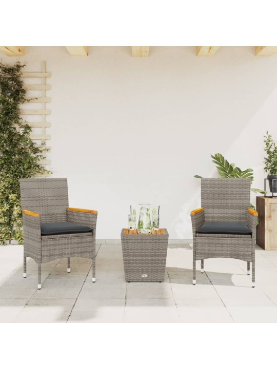 3dílný bistro set s poduškami šedý polyratan a sklo